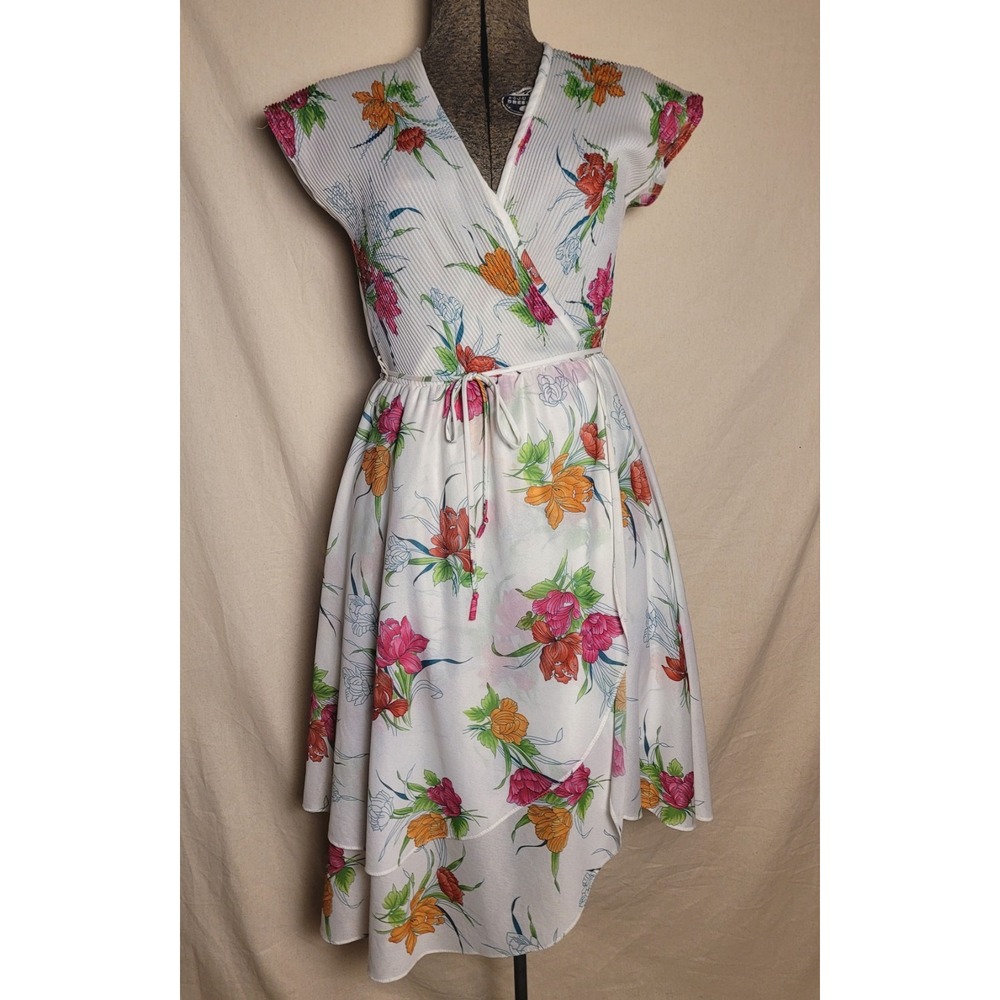 Vintage 70s Pleated Top Layered Skirt‎ Dress White Floral Sheer Light Tropical M